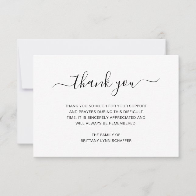 Tarjeta De Agradecimiento Sencilla simpatía funeraria elegante en blanco y n (Anverso)