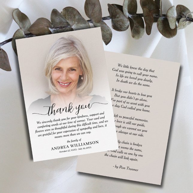 Tarjeta De Agradecimiento Sencilla simpatía por la foto del funeral (Flat funeral thank you notes, photo and thank you on the front and poem/prayer  on the back.)