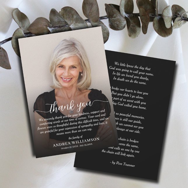 Tarjeta De Agradecimiento Sencilla simpatía por la foto del funeral (Simple funeral flat thank you notes, photo and thank you on the front and poem/prayer  on the back.)
