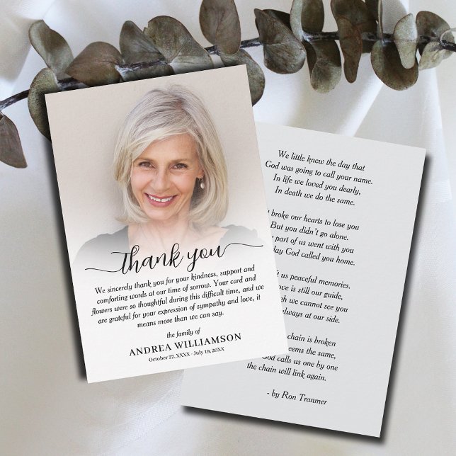 Tarjeta De Agradecimiento Sencilla simpatía por la foto del funeral (Simple funeral flat thank you notes, photo and thank you on the front and poem/prayer  on the back.)