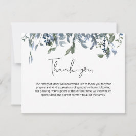 Tarjeta De Agradecimiento Sencilla vegetación floral azul Funeral Gracias