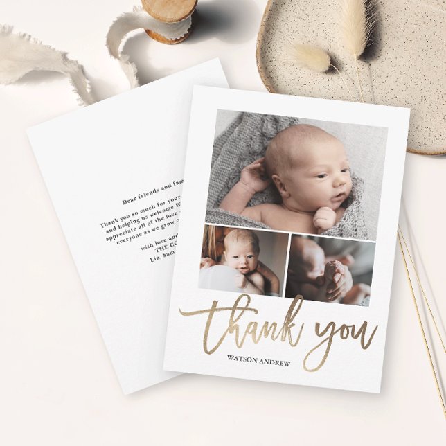 Tarjeta De Agradecimiento Sencilla y moderna foto para bebé de 3 Collages de (Simple photo collage baby thank you card with modern handwritten script in gold foil.)