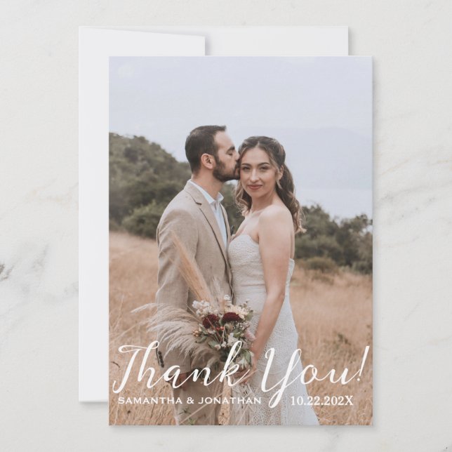 Tarjeta De Agradecimiento Sencillo boda de fotos con guión moderno (Anverso)