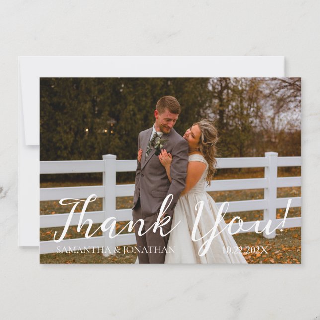 Tarjeta De Agradecimiento Sencillo boda de fotos con guión moderno (Anverso)