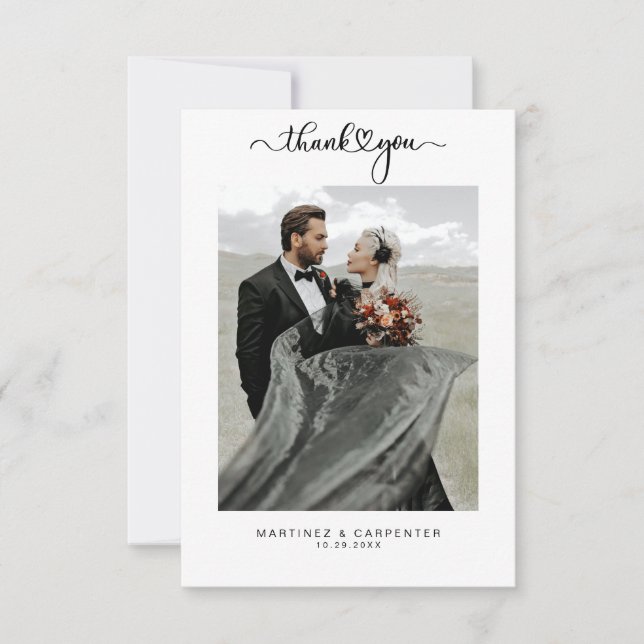 Tarjeta De Agradecimiento Sencillo Boda elegante de fotografías en el guión  (Anverso)