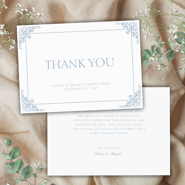 Tarjeta De Agradecimiento Sencillo Boda elegante de la época de regencia azu (elegant blue and white wedding thank you cards with personalize message on chic vintage border)