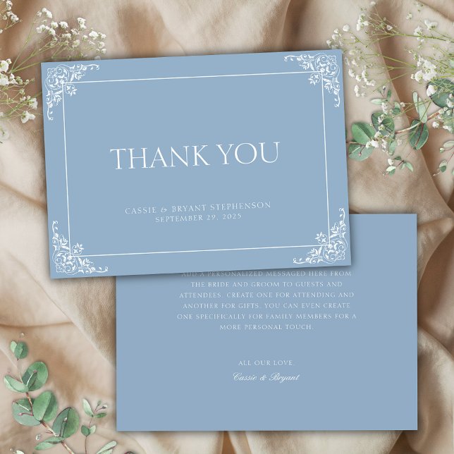 Tarjeta De Agradecimiento Sencillo Boda elegante de la época de regencia azu (elegant simple minimalist dusty blue and white wedding thank you cards with decorative border)