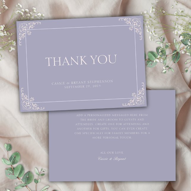 Tarjeta De Agradecimiento Sencillo Boda elegante de la época de regencia lía (simple purple and blush pink french lilac colors wedding event thank you cards with message no photo)