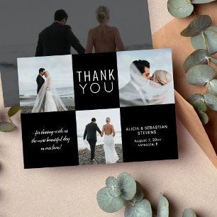 Tarjeta De Agradecimiento Sencillo boda negro minimalista de 4 fotos