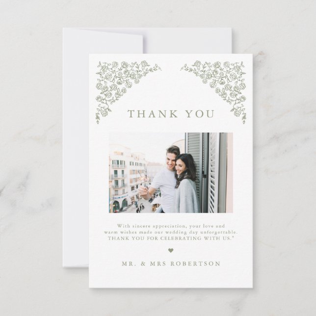 Tarjeta De Agradecimiento Sencillo Boda Verde Floral Timeless Floral (Anverso)