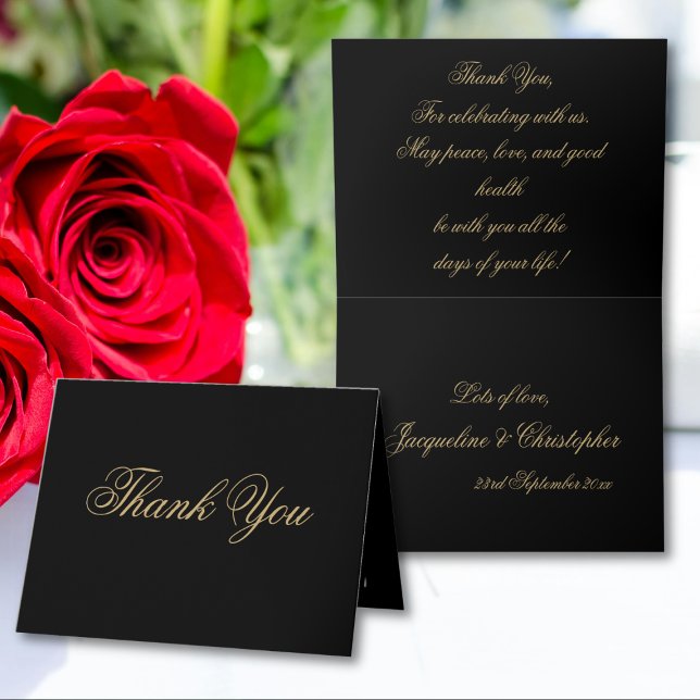 Tarjeta De Agradecimiento Sencillo Clásico Chic Letra Elegante Negro y Dorad (Simple, Elegant, Classic Chic Script - Black And Gold Thank You Card - inside and outside.)