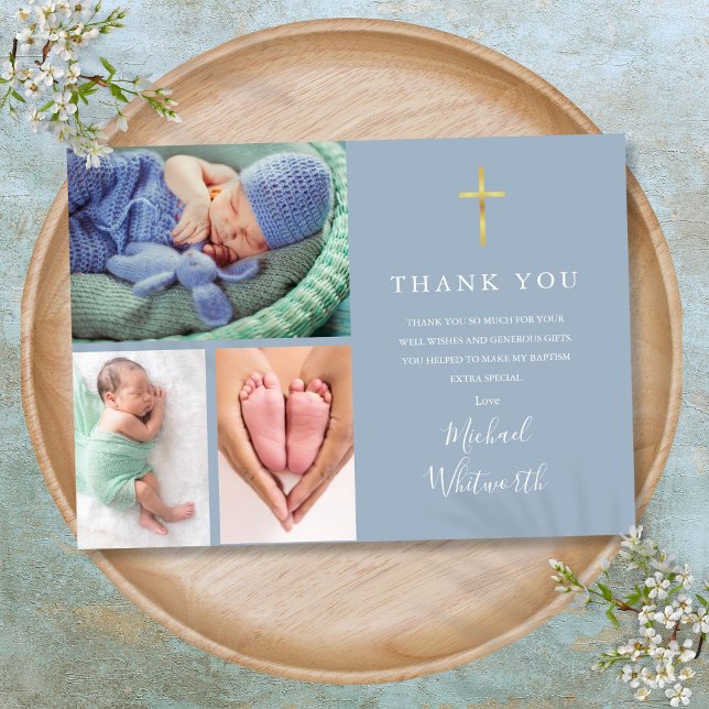Tarjeta De Agradecimiento Sencillo elegancia 3 Fotos Firma Script Bautismo (Simple Elegant 3 Photo Signature Script Baptism Thank You Card)