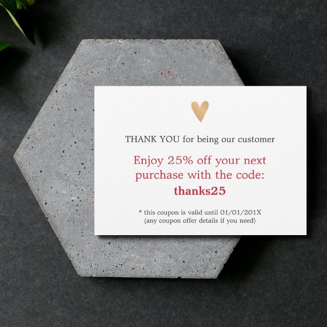 Tarjeta De Agradecimiento Sencillo elegante Faux Gold Heart Gracias Cupón (Subido por el creador)