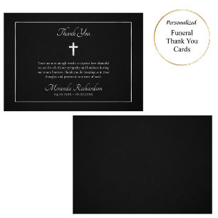 Tarjeta De Agradecimiento Sencillo Funeral Católico Negro y Plateado