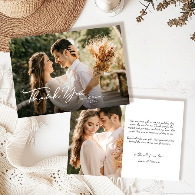 Tarjeta De Agradecimiento Sencillo guión elegante con Boda fotográfico (Subido por el creador)
