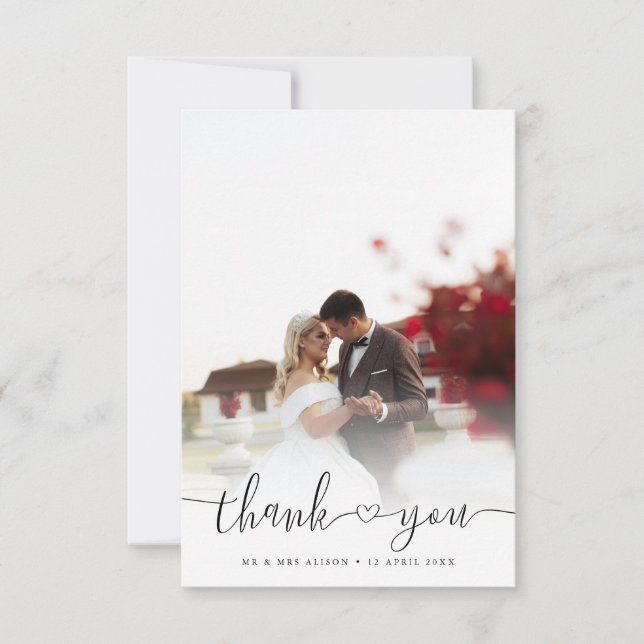 Tarjeta De Agradecimiento Sencillo guión elegante de Moda Foto de Boda de re (Anverso)