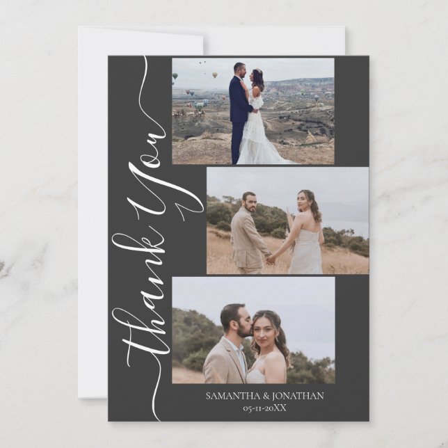 Tarjeta De Agradecimiento Sencillo guión moderno 6 fotos boda que (Anverso)