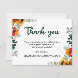 Tarjeta De Agradecimiento Sencillo memorial de acuarela floral colorida para
