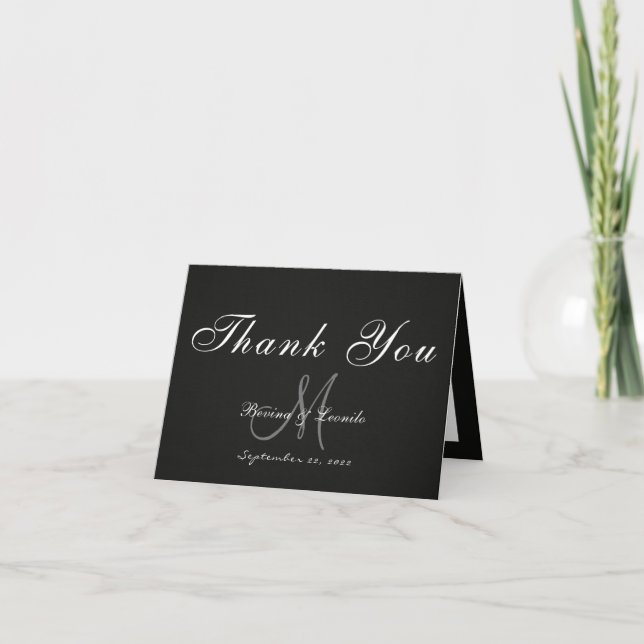 Tarjeta De Agradecimiento Sencillo pero elegante: Lino negro con Monograma + (Anverso)