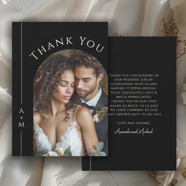 Tarjeta De Agradecimiento Sencillo y elegante Boda de Monograma Foto Gracias (Includes a sample thank you message to use or personalize with your own wording.)
