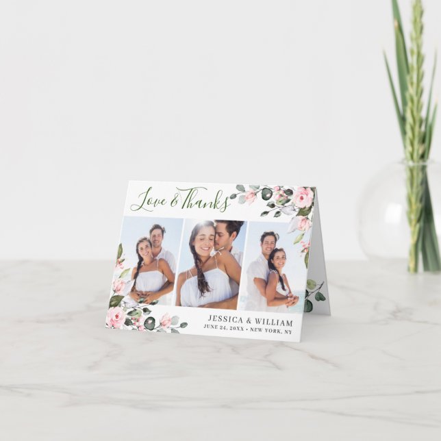 Tarjeta De Agradecimiento Sencillo y elegante Eucalipto Rubor Roses rosados  (Anverso)