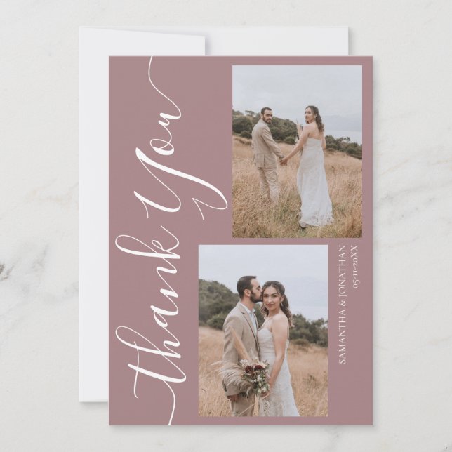 Tarjeta De Agradecimiento Sencillo y elegante guión moderno 5 boda de fotos (Anverso)