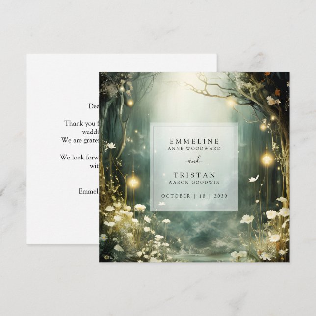 Tarjeta De Agradecimiento Sendero Boscoso Encantado De Flores Boda Verde (Anverso / Reverso)