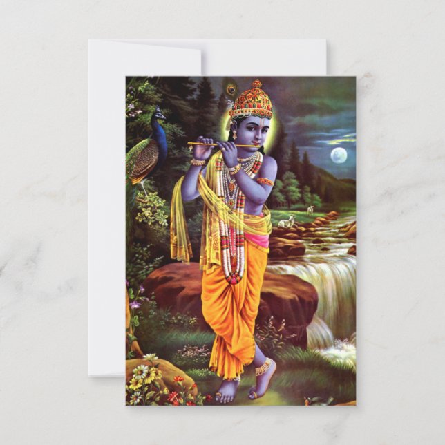 Tarjeta De Agradecimiento Señor Krishna con Flauta Dios Hindú (Anverso)