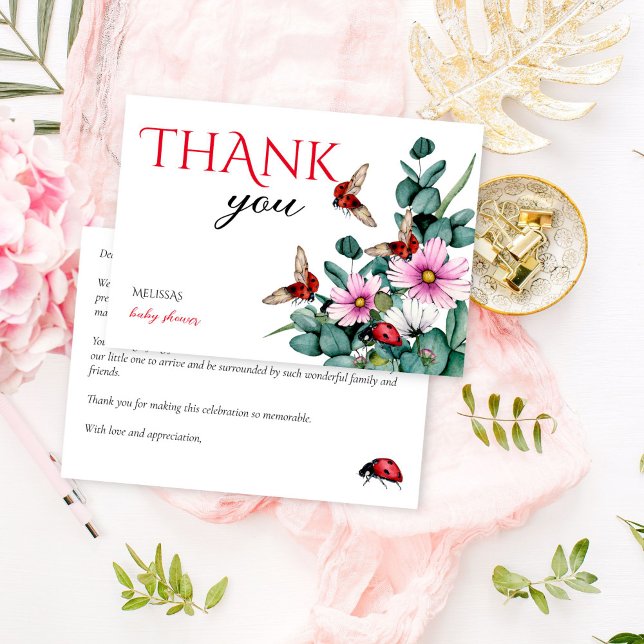 Tarjeta De Agradecimiento Señora de la niñita (Lady bug little lady spring summer girls baby shower thank you cards eucalyptus greenery cute bugs)