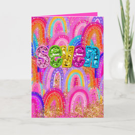 Tarjeta De Agradecimiento Séptimo Cumpleaños Cute Hot Pink Arcoíris Lentejue