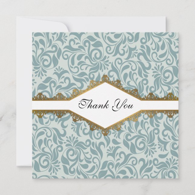 Tarjeta De Agradecimiento Serenity Blue Brocade Gold Lace Boda (Anverso)