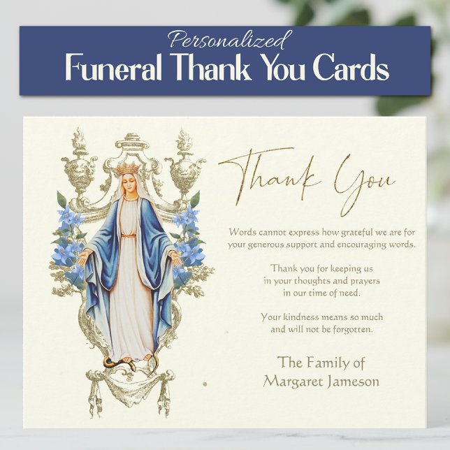 Tarjeta De Agradecimiento Servicio conmemorativo religioso católico Mary Fun (Traditional Catholic Blessed Virgin Mary, Our Lady of Grace Funeral Thank you Condolence Cards)