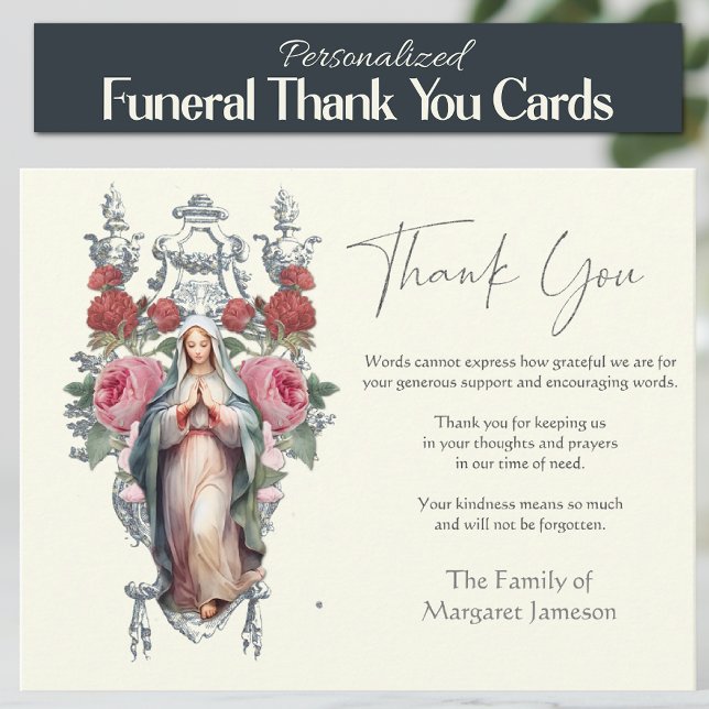 Tarjeta De Agradecimiento Servicio conmemorativo religioso católico Mary Fun (Traditional Catholic Blessed Virgin Mary Floral Funeral Thank you Condolence Cards)