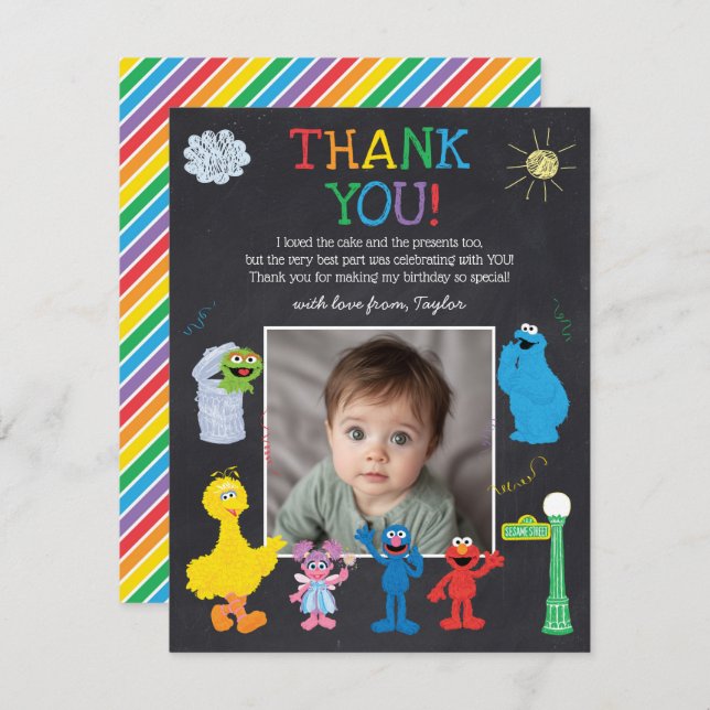 Tarjeta De Agradecimiento Sesame Street Pals Chalkboard Rainbow Gracias (Anverso / Reverso)