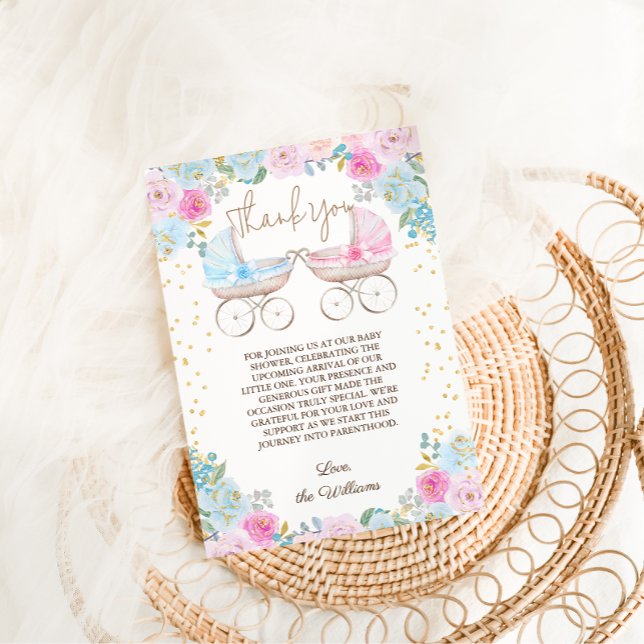 Tarjeta De Agradecimiento Sexo floral rosa azul revelar Baby Shower (Subido por el creador)