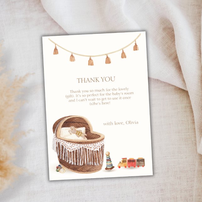 Tarjeta De Agradecimiento Sexo Neutral Cute Boho Bassinet Baby Shower (Gender Neutral Cute Boho Bassinet Toy Baby Shower Thank You Card)