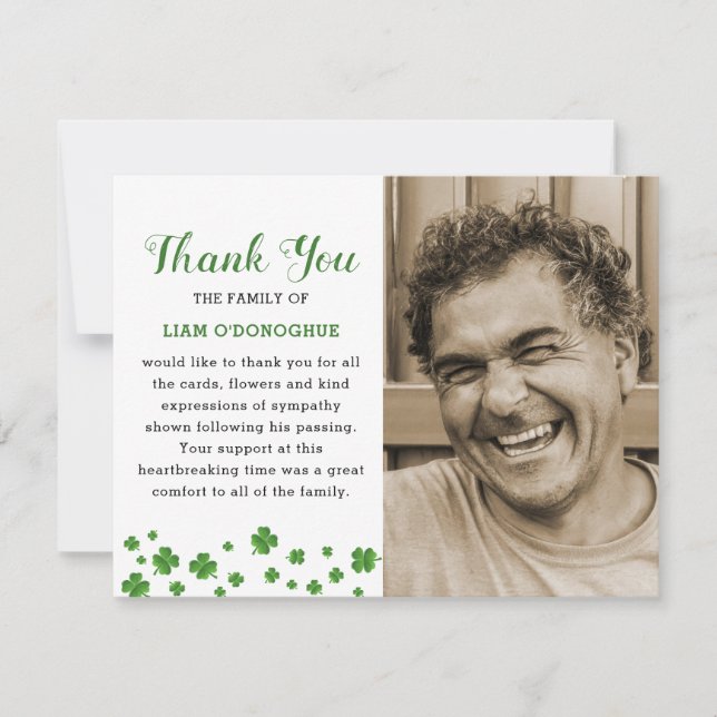 Tarjeta De Agradecimiento Shamrock Clover | Foto Funeral Irlandesa Gracias (Anverso)