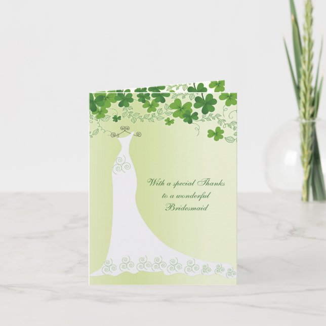 Tarjeta De Agradecimiento Shamrock irlandés, vestido boda Bridesmaid Gracias (Anverso)