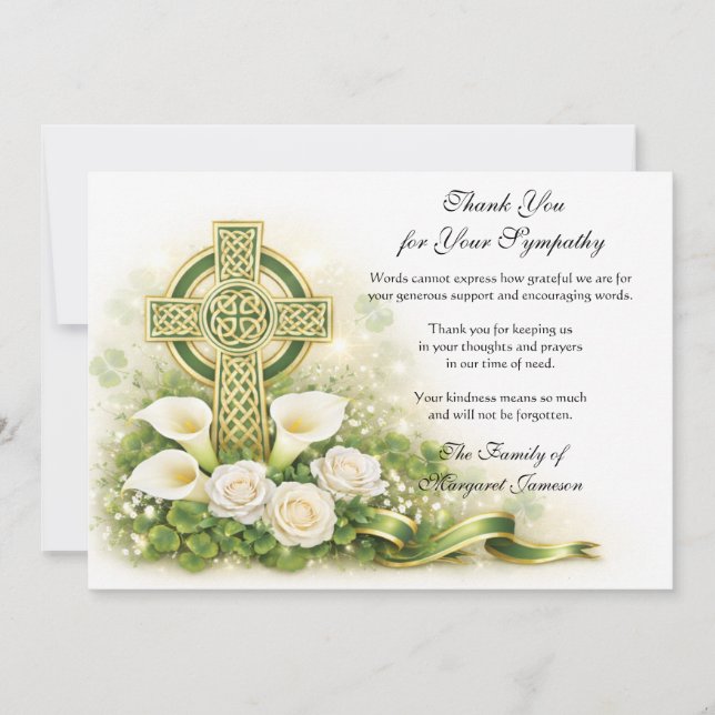 Tarjeta De Agradecimiento Shamrocks Catholic Irish Celtic Cross Condolence  (Anverso)
