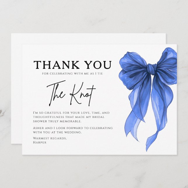 Tarjeta De Agradecimiento She’s Tying The Knot Blue Bow Bridal Shower (Anverso / Reverso)