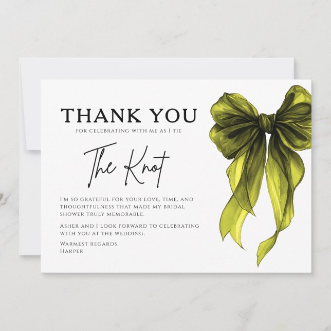 Tarjeta De Agradecimiento She’s Tying The Knot Chartreuse Bow Bridal Shower (Anverso)