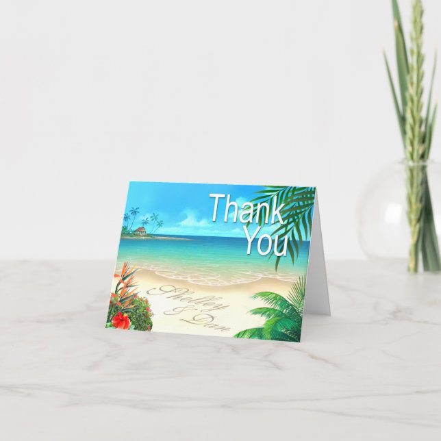 Tarjeta De Agradecimiento Shelley & Dan Exotic Beach Gracias ::personalizado (Anverso)