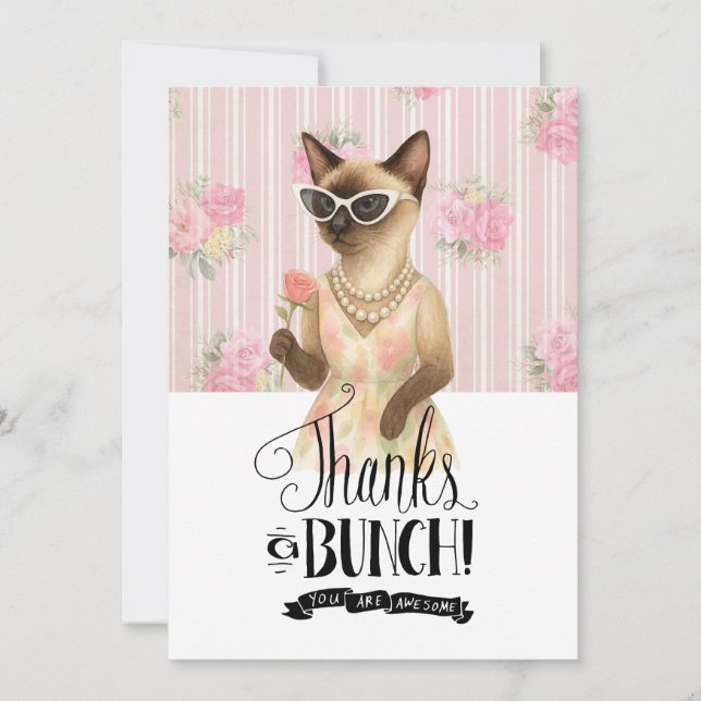 Tarjeta De Agradecimiento Siamese Cat is holding flower pink rose (Anverso)