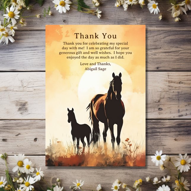 Tarjeta De Agradecimiento Silhouette Mare y Foal Sunset Horse Baby Shower (Front - Silhouette Mare and Foal Sunset Horse Baby Shower Thank You Card)