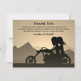 Tarjeta De Agradecimiento Silhouette Motorcycle Couple Mountain Boda