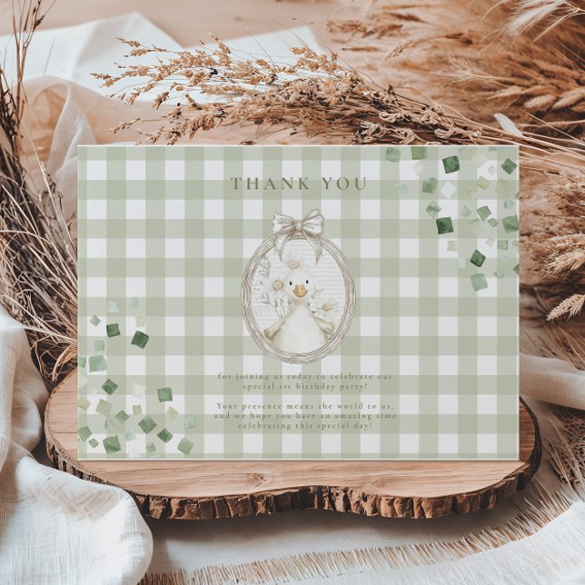 Tarjeta De Agradecimiento Silly Goose 1st Birthday Green Gingham (Subido por el creador)