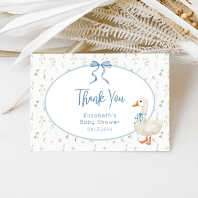 Tarjeta De Agradecimiento Silly Goose Blue Bow Floral Baby Shower (Subido por el creador)