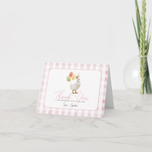 Tarjeta De Agradecimiento Silly Goose Pink Gingham Baby Shower (Anverso)