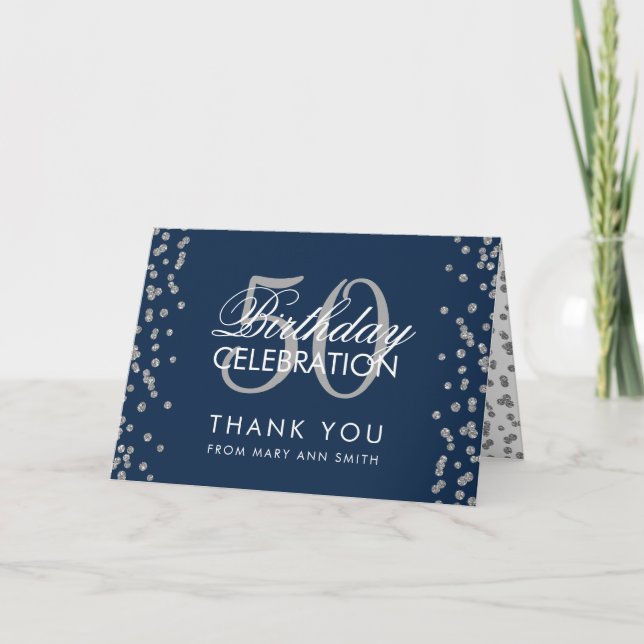 Tarjeta De Agradecimiento Silver 50 cumpleaños gracias azul marina confetti (Anverso)