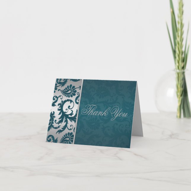Tarjeta de agradecimiento Silver and Teal Damask I (Anverso)